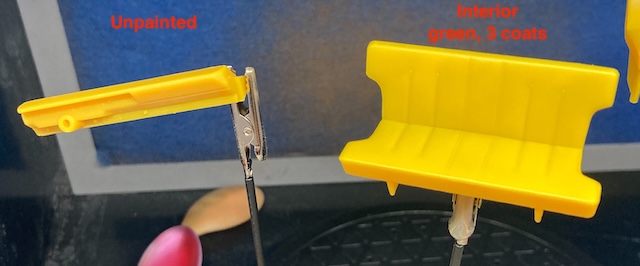 There is virtually no visible difference between the unpainted dashboard and the rear seats, which have three coats of Interior Green paint.