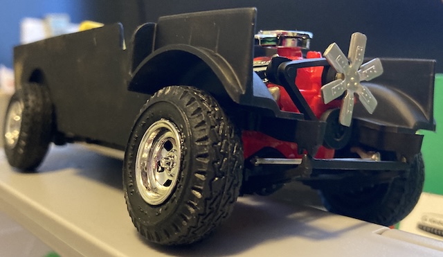 The front right wheel has a lot of negative camber.