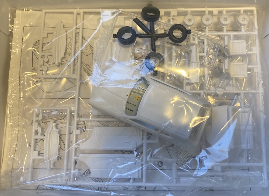 Inside the box, showing the body and a single runner of white parts.