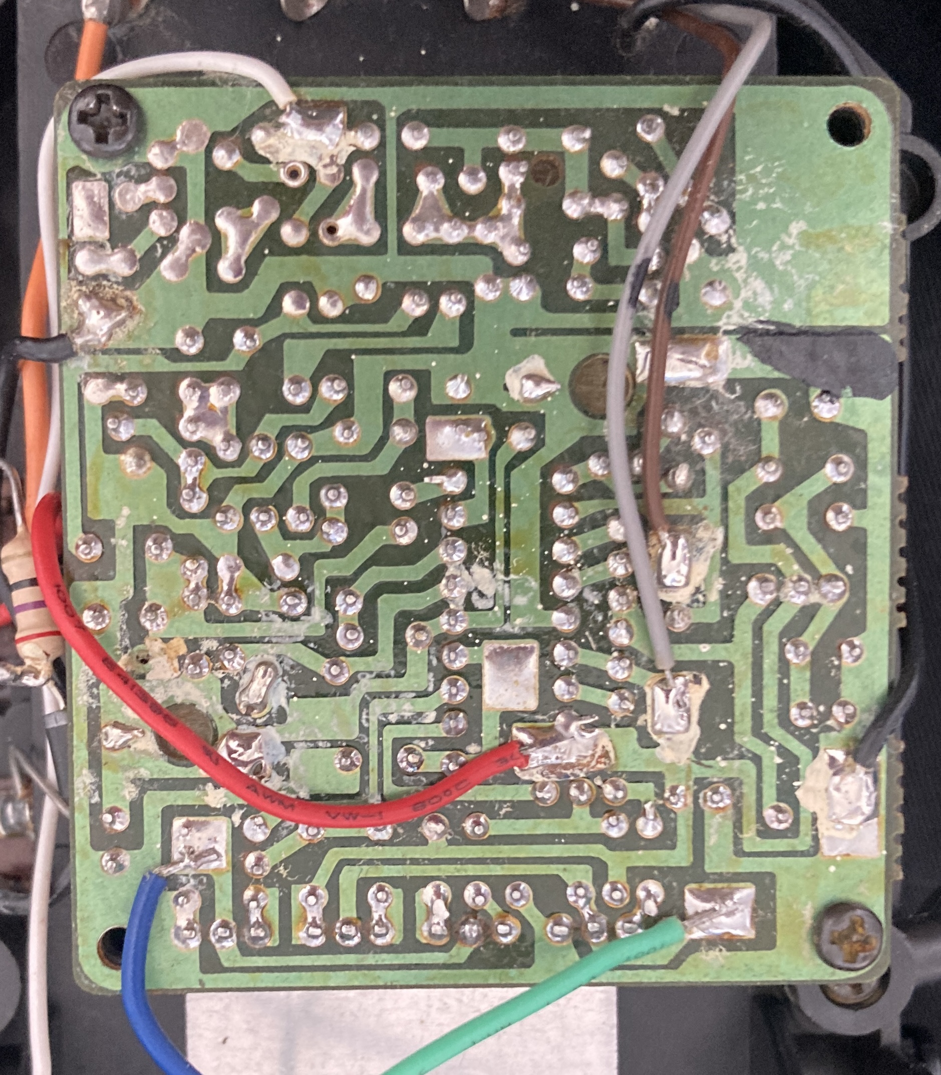The bottom of the Beetle's original ESC board: lots of solder joints and traces.
