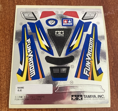 The sticker sheet contains significant portions of blue body colour on the side "Fun-Vroom" stickers.