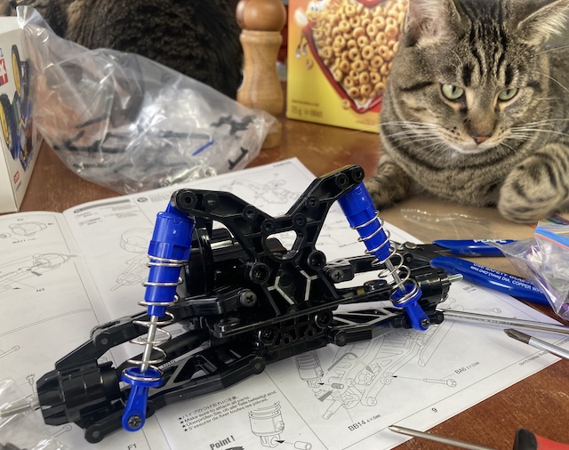 The front suspension is assembled. A cat looks on. Another cat faces the other direction, indifferent.
