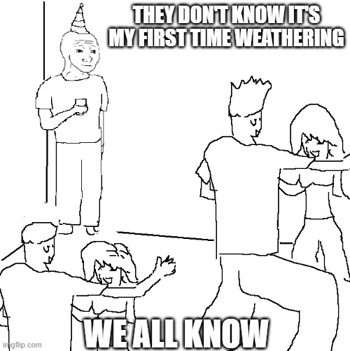 A meme that says "they don't know it's my first time weathering/we all know."